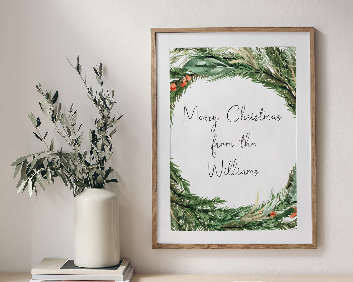 PERSONALISED CHRISTMAS PRINT, Christmas Wall Art, Wreath Wall Decor, Festive Print, Winter Decor, Xmas Decor
