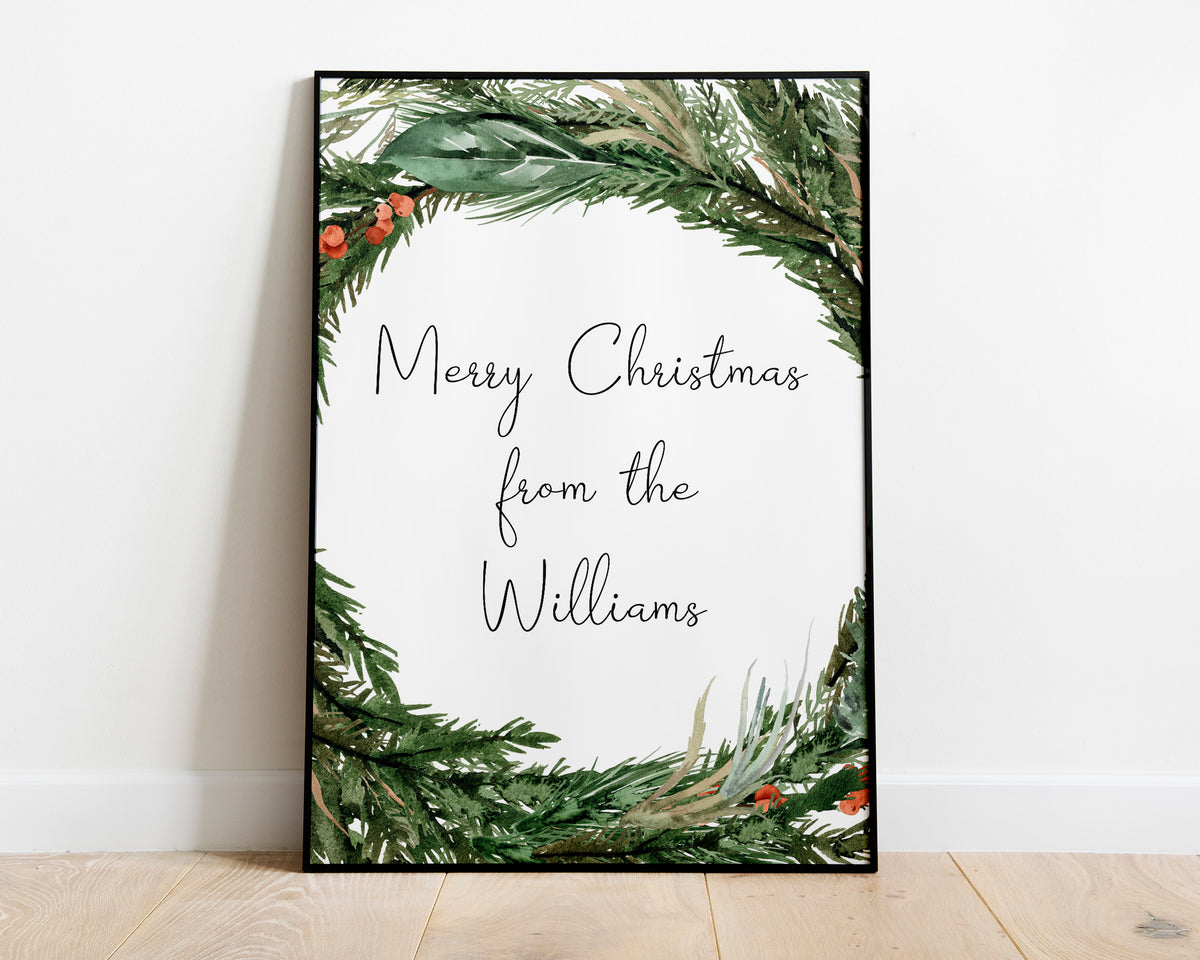 PERSONALISED CHRISTMAS PRINT, Christmas Wall Art, Wreath Wall Decor, Festive Print, Winter Decor, Xmas Decor
