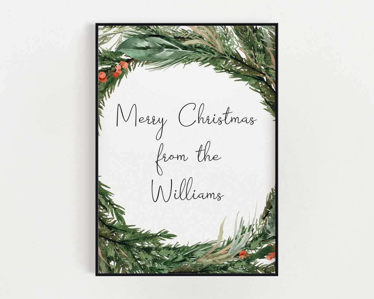 PERSONALISED CHRISTMAS PRINT, Christmas Wall Art, Wreath Wall Decor, Festive Print, Winter Decor, Xmas Decor