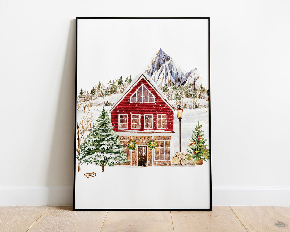 CHRISTMAS PRINT | Red Christmas Cabin Print | Christmas Wall Art | Festive Print | Xmas Decor | Christmas Decor | Winter Forest Print
