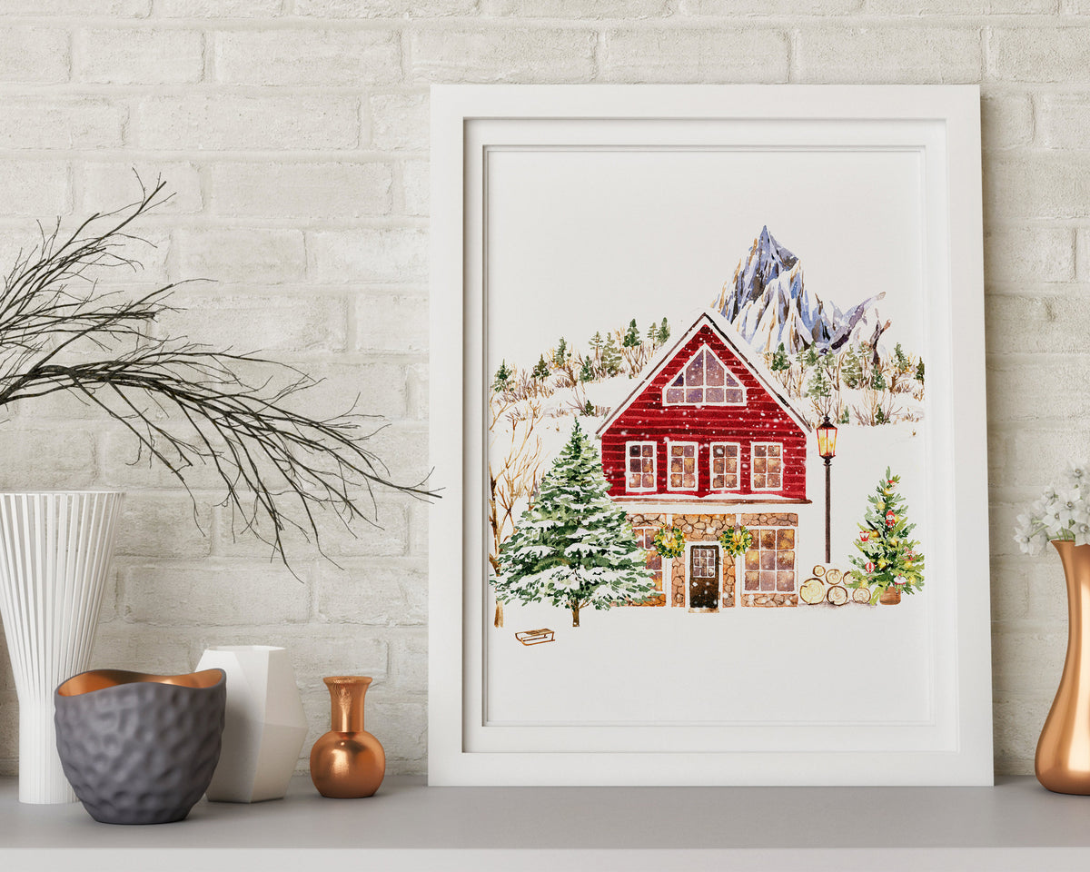 CHRISTMAS PRINT | Red Christmas Cabin Print | Christmas Wall Art | Festive Print | Xmas Decor | Christmas Decor | Winter Forest Print