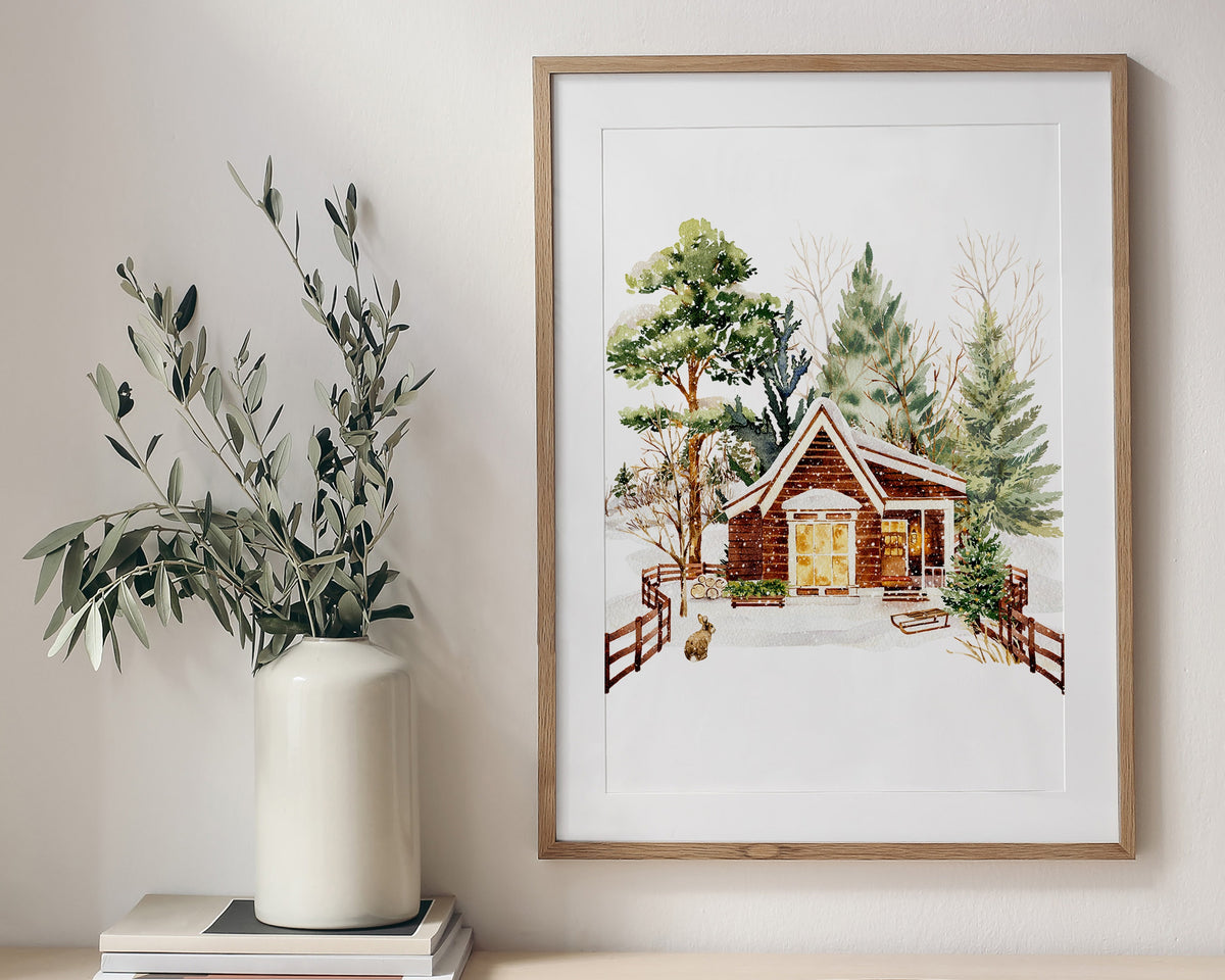 CHRISTMAS PRINT | Christmas Cabin Print | Christmas Wall Art | Festive Print | Xmas Decor | Christmas Decor | Winter Forest Print