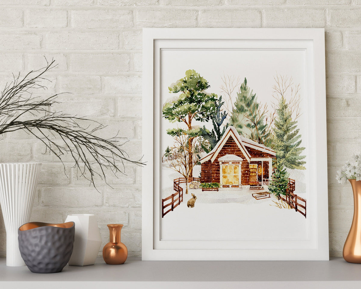 CHRISTMAS PRINT | Christmas Cabin Print | Christmas Wall Art | Festive Print | Xmas Decor | Christmas Decor | Winter Forest Print