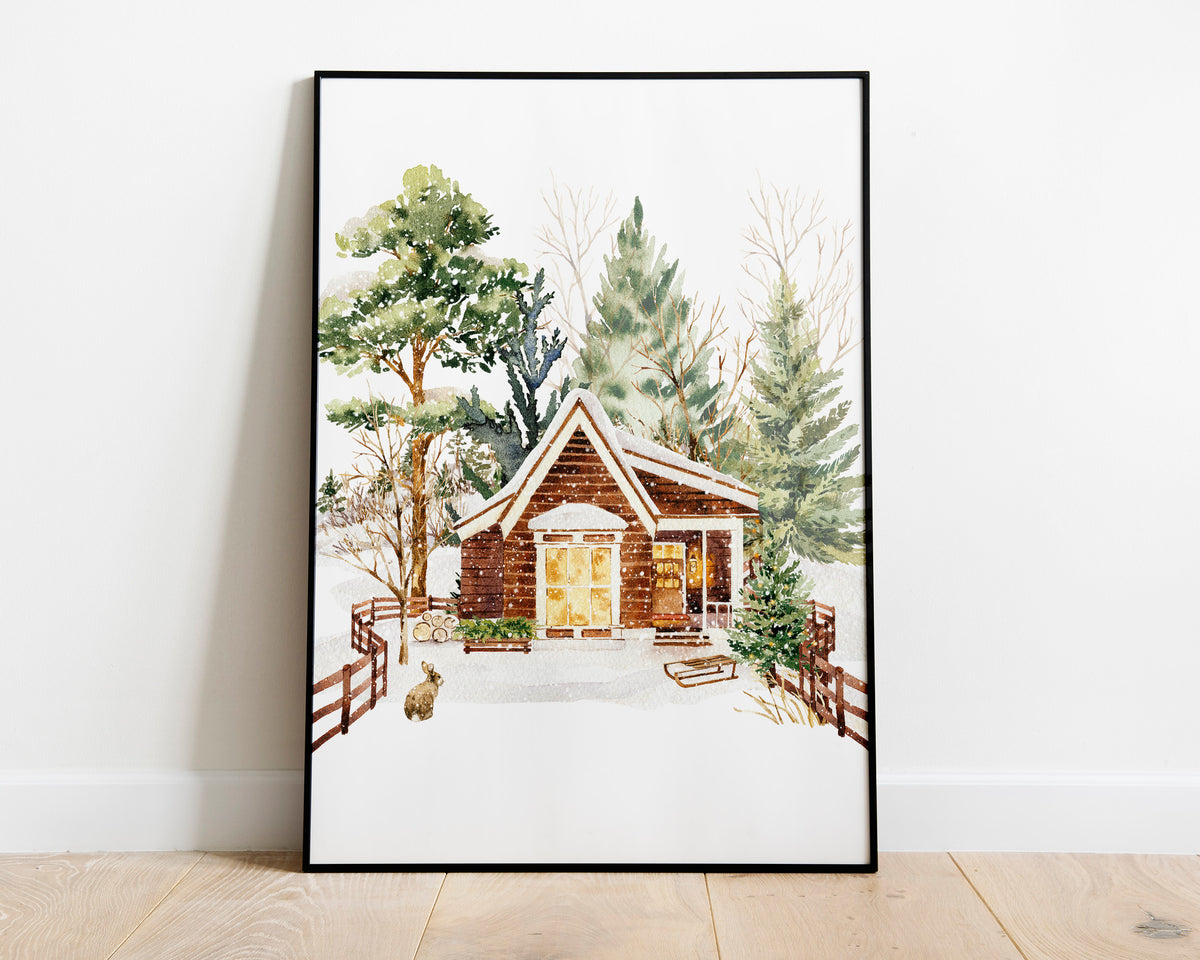 CHRISTMAS PRINT | Christmas Cabin Print | Christmas Wall Art | Festive Print | Xmas Decor | Christmas Decor | Winter Forest Print