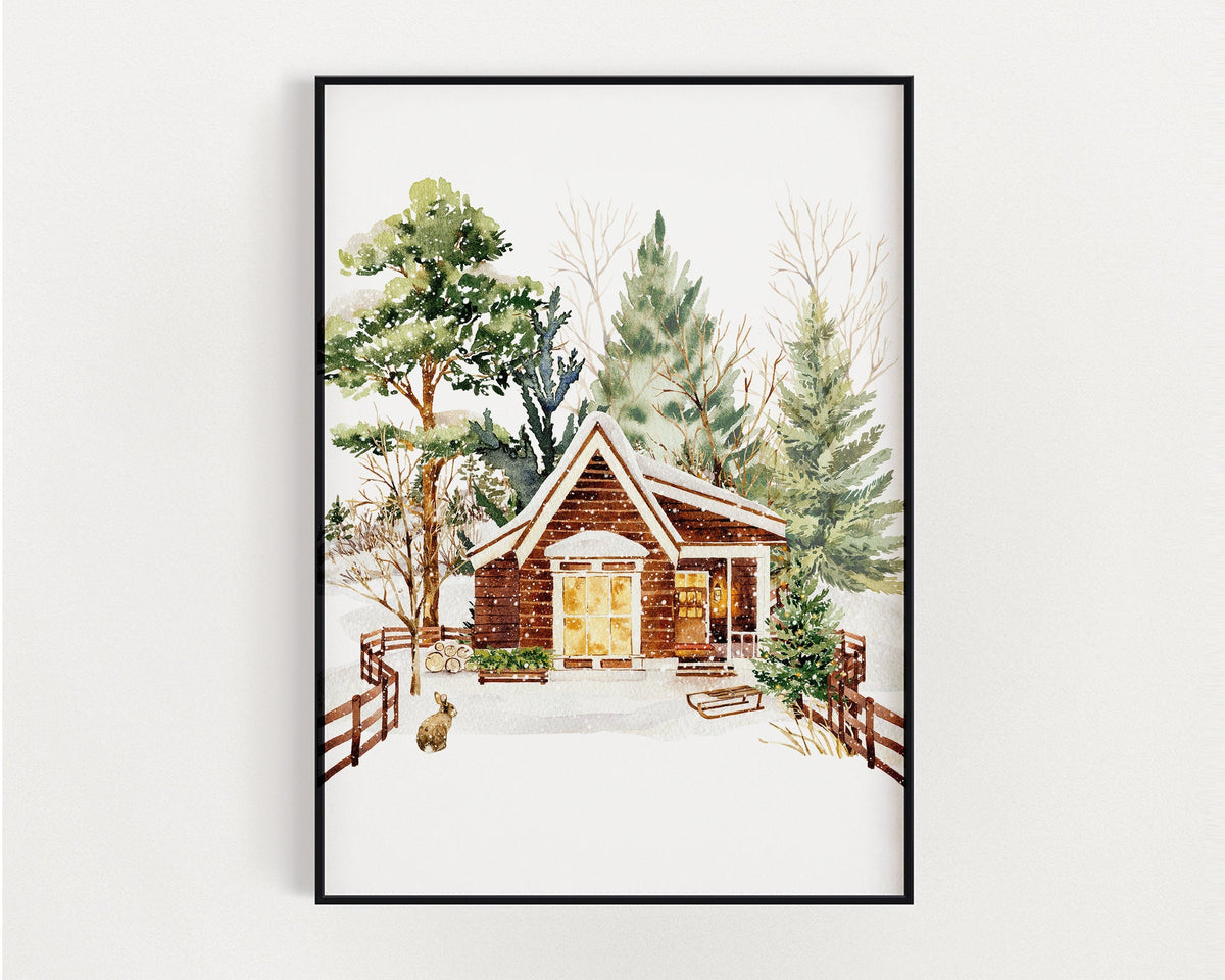 CHRISTMAS PRINT | Christmas Cabin Print | Christmas Wall Art | Festive Print | Xmas Decor | Christmas Decor | Winter Forest Print