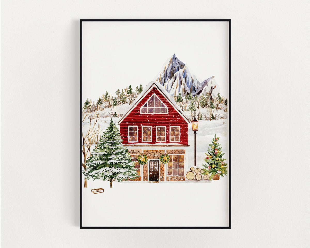 CHRISTMAS PRINT | Red Christmas Cabin Print | Christmas Wall Art | Festive Print | Xmas Decor | Christmas Decor | Winter Forest Print