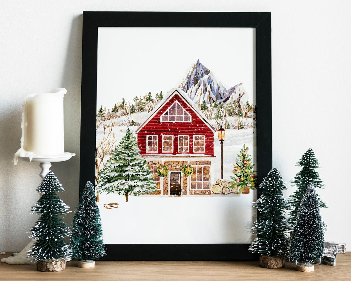 CHRISTMAS PRINT | Red Christmas Cabin Print | Christmas Wall Art | Festive Print | Xmas Decor | Christmas Decor | Winter Forest Print