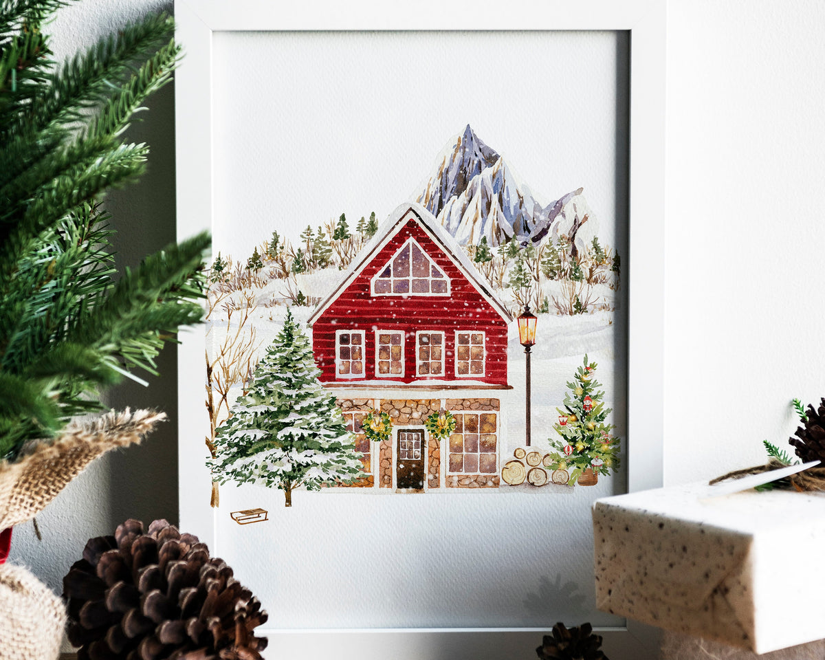 CHRISTMAS PRINT | Red Christmas Cabin Print | Christmas Wall Art | Festive Print | Xmas Decor | Christmas Decor | Winter Forest Print