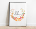 Hello Autumn Print | Pumpkin Design Wreath Seasonal Decor - Happy You Prints