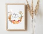 Hello Autumn Print | Pumpkin Design Wreath Seasonal Decor - Happy You Prints