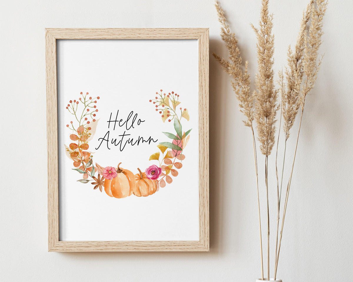Hello Autumn Print | Pumpkin Design Wreath Seasonal Decor - Happy You Prints