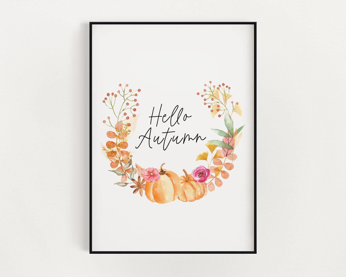Hello Autumn Print | Pumpkin Design Wreath Seasonal Decor - Happy You Prints