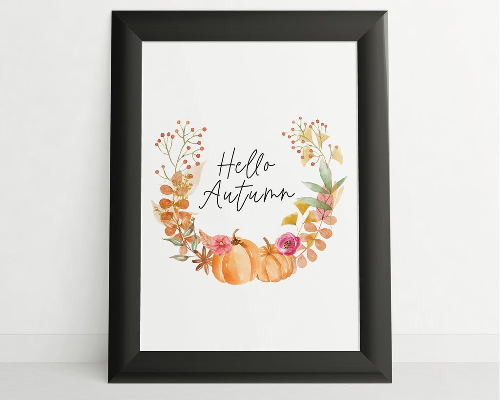 Hello Autumn Print | Pumpkin Design Wreath Seasonal Decor - Happy You Prints