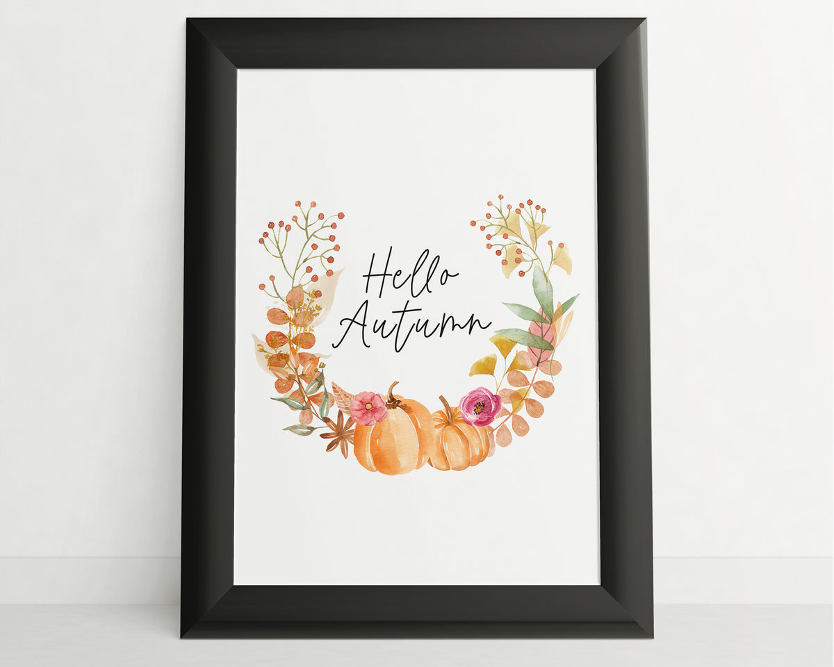 Hello Autumn Print | Pumpkin Design Wreath Seasonal Decor - Happy You Prints