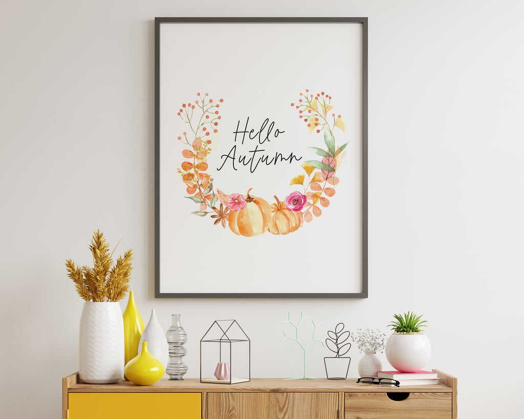 Hello Autumn Print | Pumpkin Design Wreath Seasonal Decor - Happy You Prints