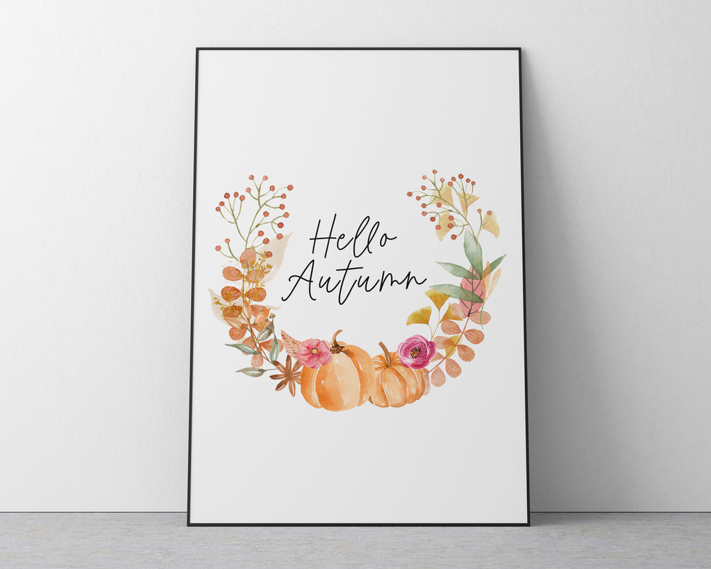 Hello Autumn Print | Pumpkin Design Wreath Seasonal Decor - Happy You Prints