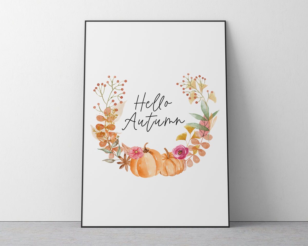 Hello Autumn Print | Pumpkin Design Wreath Seasonal Decor - Happy You Prints