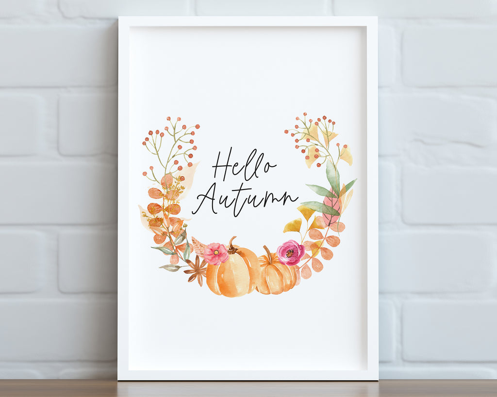 Hello Autumn Print | Pumpkin Design Wreath Seasonal Decor - Happy You Prints