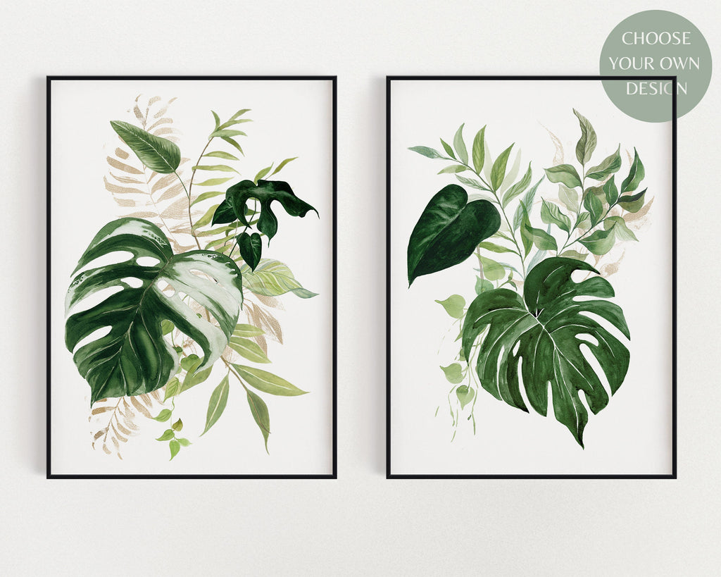 SET OF 2 Botanical Wall Art Prints, Wall Art, Tropical Plant Prints, Watercolour Plants, Tropical Leaf Prints, Green Leaf Prints - Happy You Prints