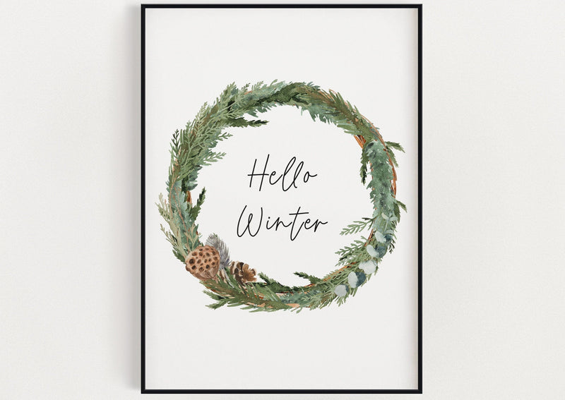 CHRISTMAS PRINT, Christmas Wreath, Festive Print, Hello Winter, Winter Decor, Xmas Decor, Christmas Decoration