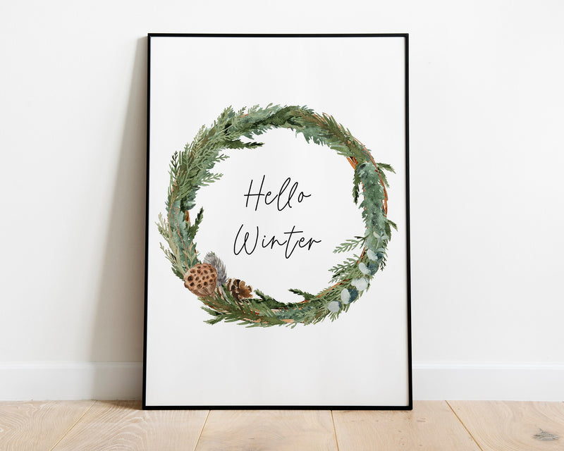 CHRISTMAS PRINT, Christmas Wreath, Festive Print, Hello Winter, Winter Decor, Xmas Decor, Christmas Decoration