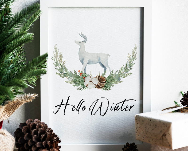 CHRISTMAS PRINT, Hello Winter, Christmas Wall Art, Festive Print, Winter Decor, Xmas Decor, Christmas Decoration