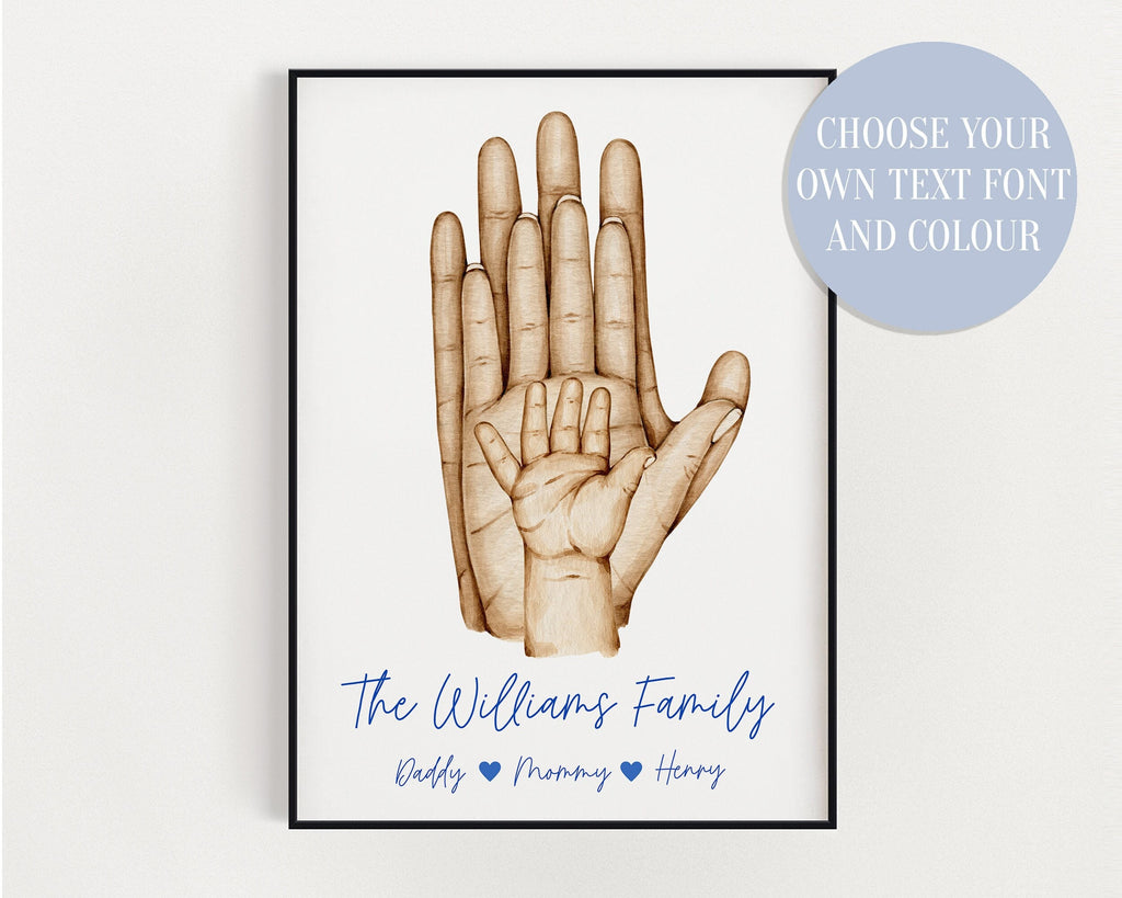 Personalised Family Hands Print, Family Of 3 Print, Custom Hands Print, Wall Art, New Born Gift, Drawing, New Home Gift - Happy You Prints